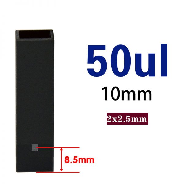 C102CS71 10mm Slanted All Black Ultra Micro Cuvette 50ul Two way Light PTFE Cap 1pc ea