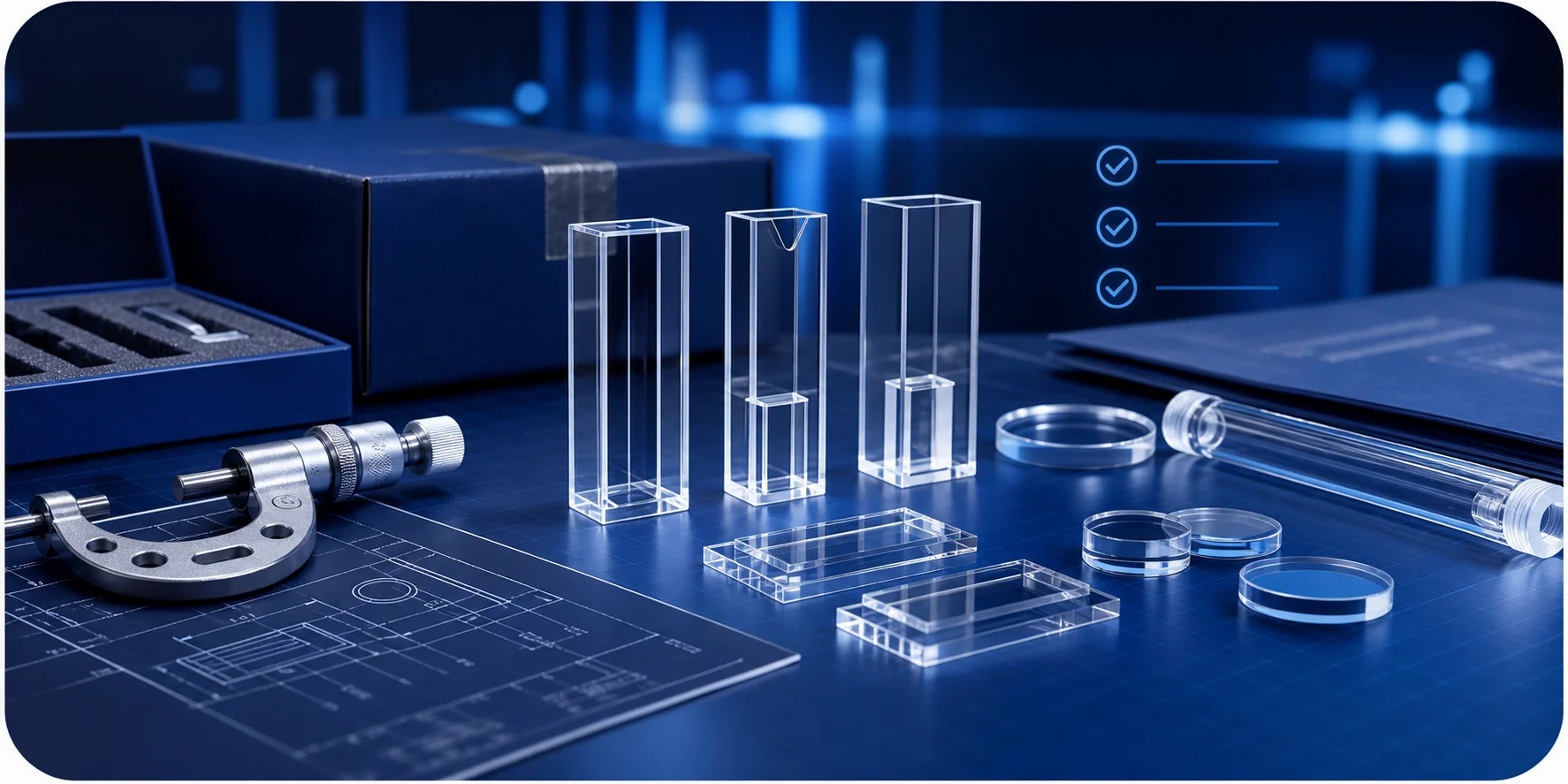Quartz cuvettes, inspection tools, and quality documentation