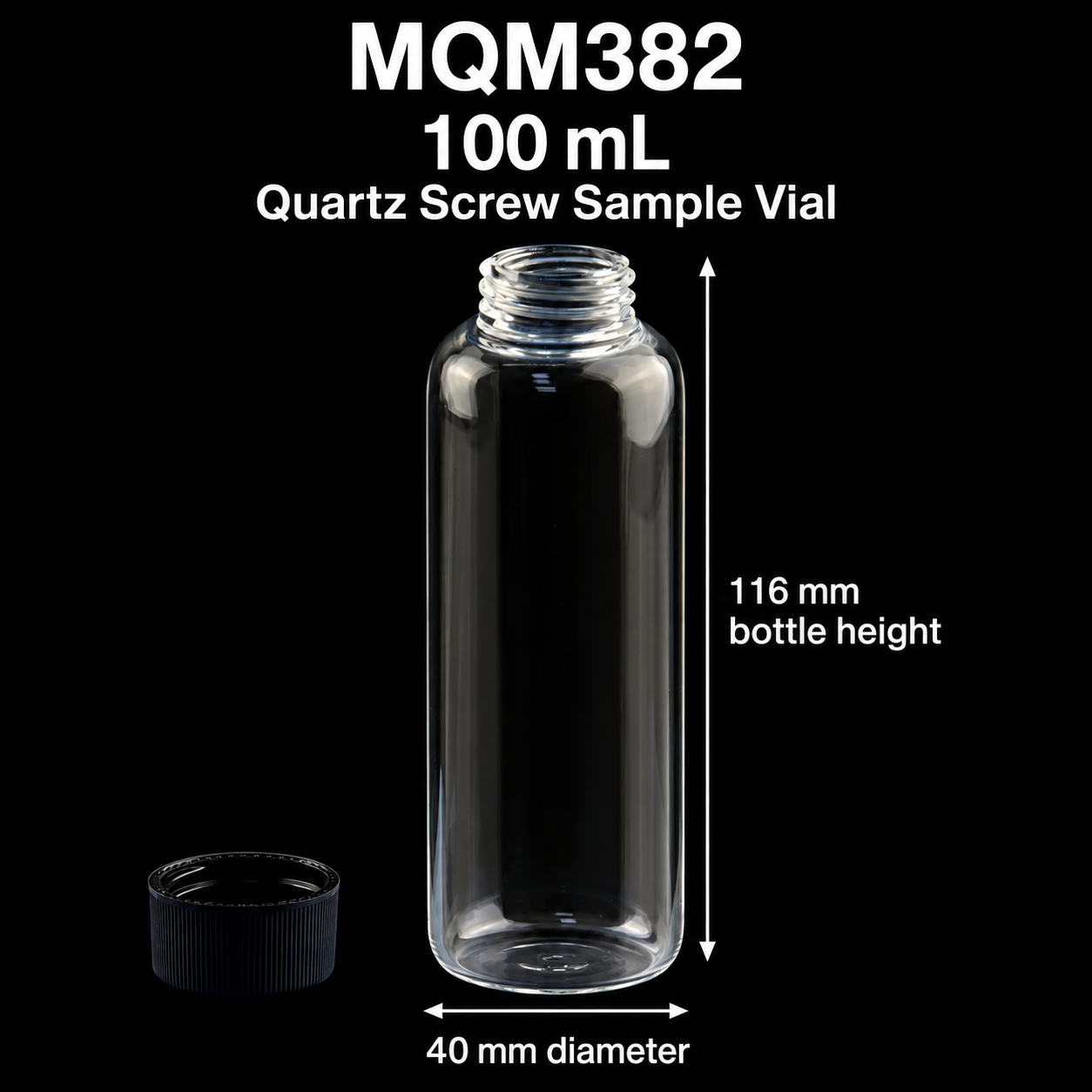 MQM382 100 mL quartz screw sample vial, 40 x 116 mm, with matching cap