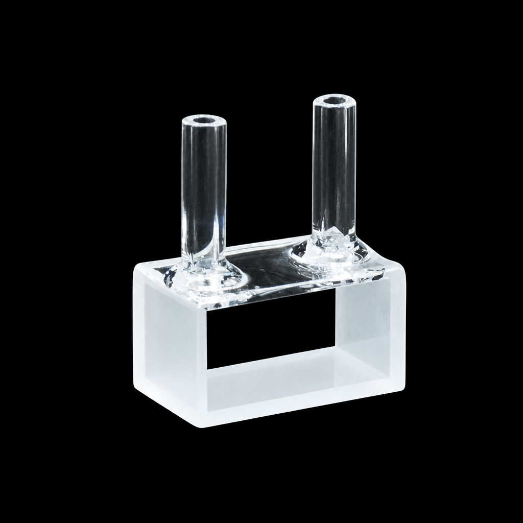 (MQQFC089) Quartz Flow Cell, 2 mL, 27.5 mm, 10 mm Path Length, Custom Size, Two-Way Light, Molded 83, Optically Contacted One-Piece Construction, 1 Piece