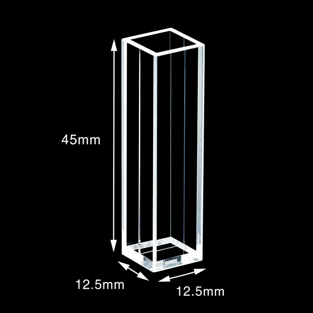 Quartz Fluorescence Cuvette, 1575 µL, 45 mm, 10 mm, 10 × 4.5 × 43 mm, Quartz, Custom Size, Molded 83, Optically Contacted One-Piece Construction, 1 Piece