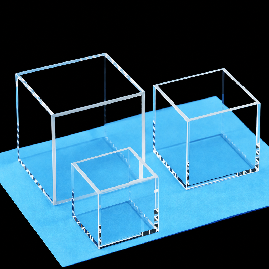Quartz Square Reaction Cell, 62 mm, 60 × 60 × 60 mm, No Lid, Quartz, Four-Way Light, JGS1, Sintered 80, 1 Piece