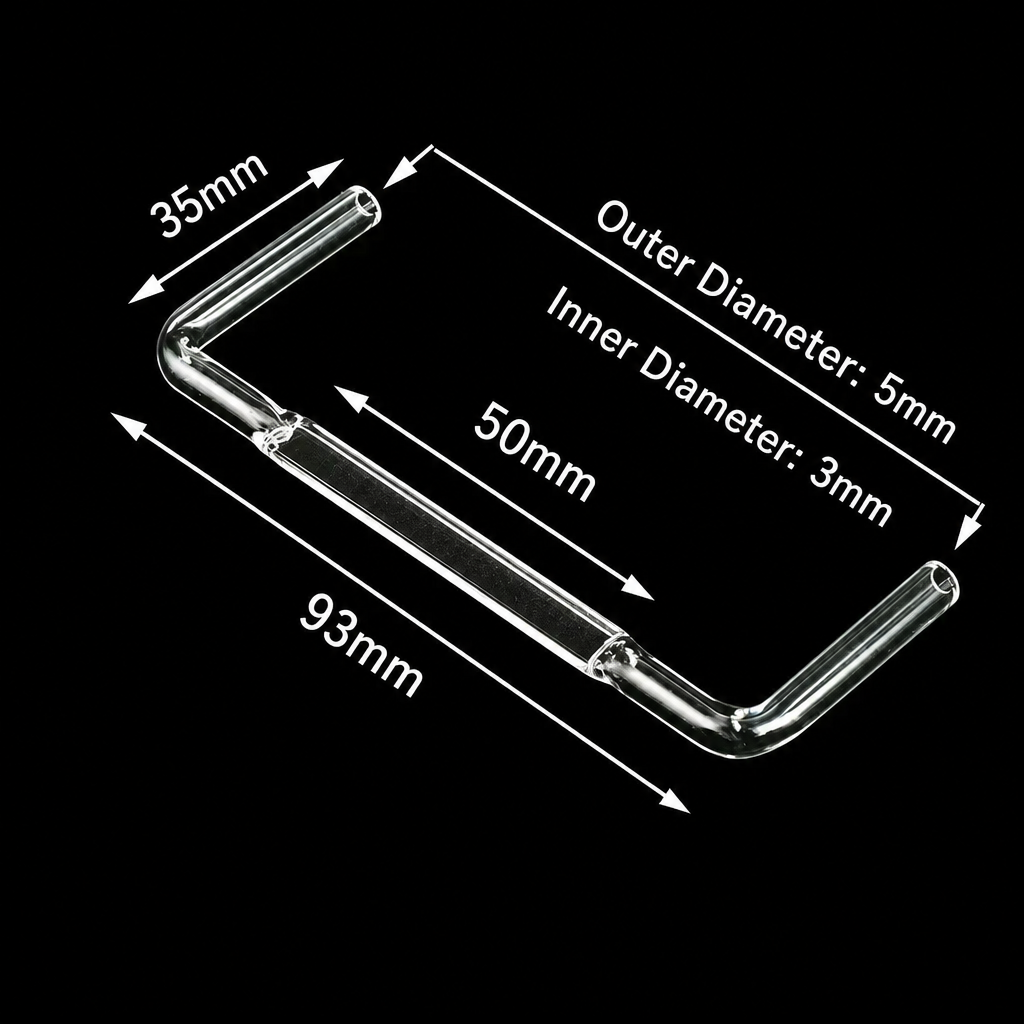 (MQQFC117) Quartz Flow Cell, 0.6 mm Path Length, 5 mm OD, 3 mm ID, 93 mm Overall Length, 170 µL, Two-Way Light, 1 Piece