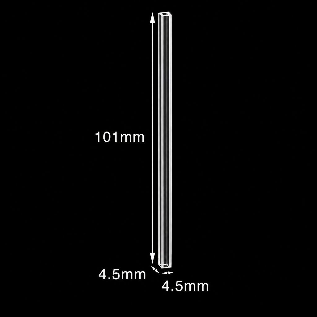 (MQQFC060) Quartz Flow Cell, Capacity: 404 µL, Dimensions: 2 × 2 × 101 mm, Four-Side Light-Transmitting Design, Optical-Cement-Bonded Integrated Construction, 1 Piece