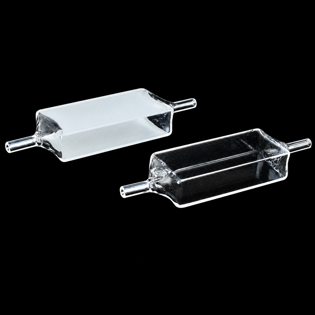 Quartz Flow Cell, 10/20 mm, 10 mL, 4 mm, 2 mm, 86 mm, 50 × 20 × 10 mm, Four-Way Light, Molded 83, Optically Contacted One-Piece Construction, 1 Piece