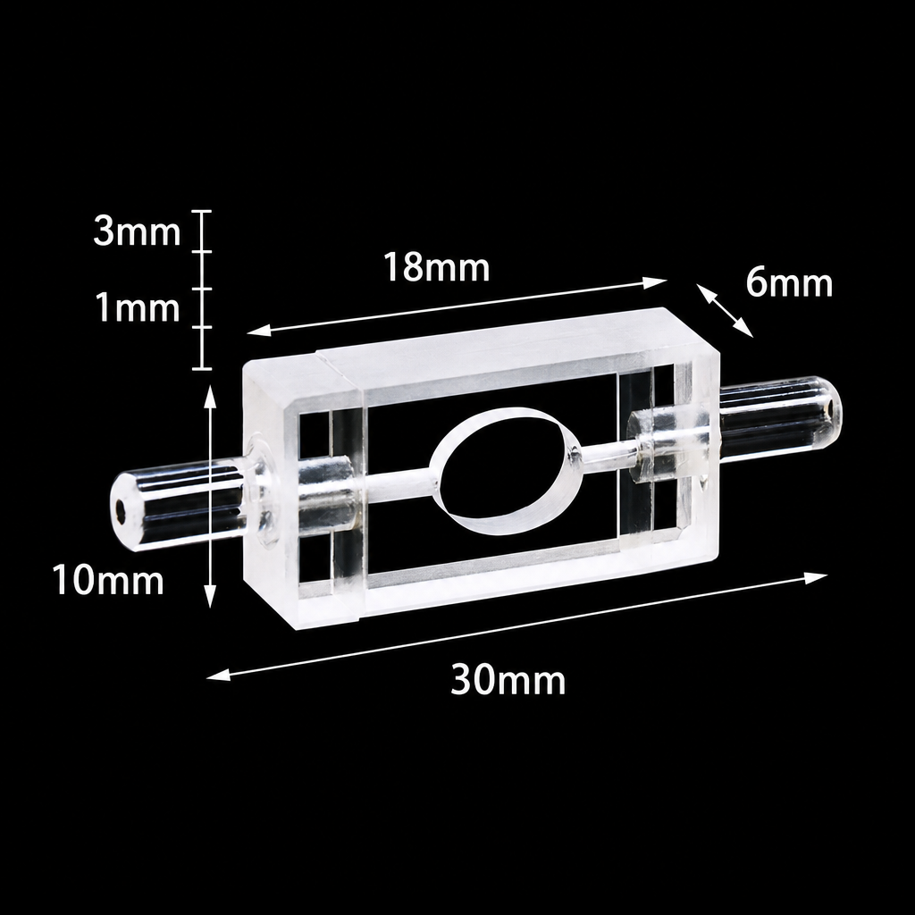 (MQQFC124) Quartz Flow Cell, 2 mm Path Length, 45 µL, 10 mm, 2 × 5 × 6 mm, Custom Size, Standard 80, Adhesive-Bonded, 1 Piece