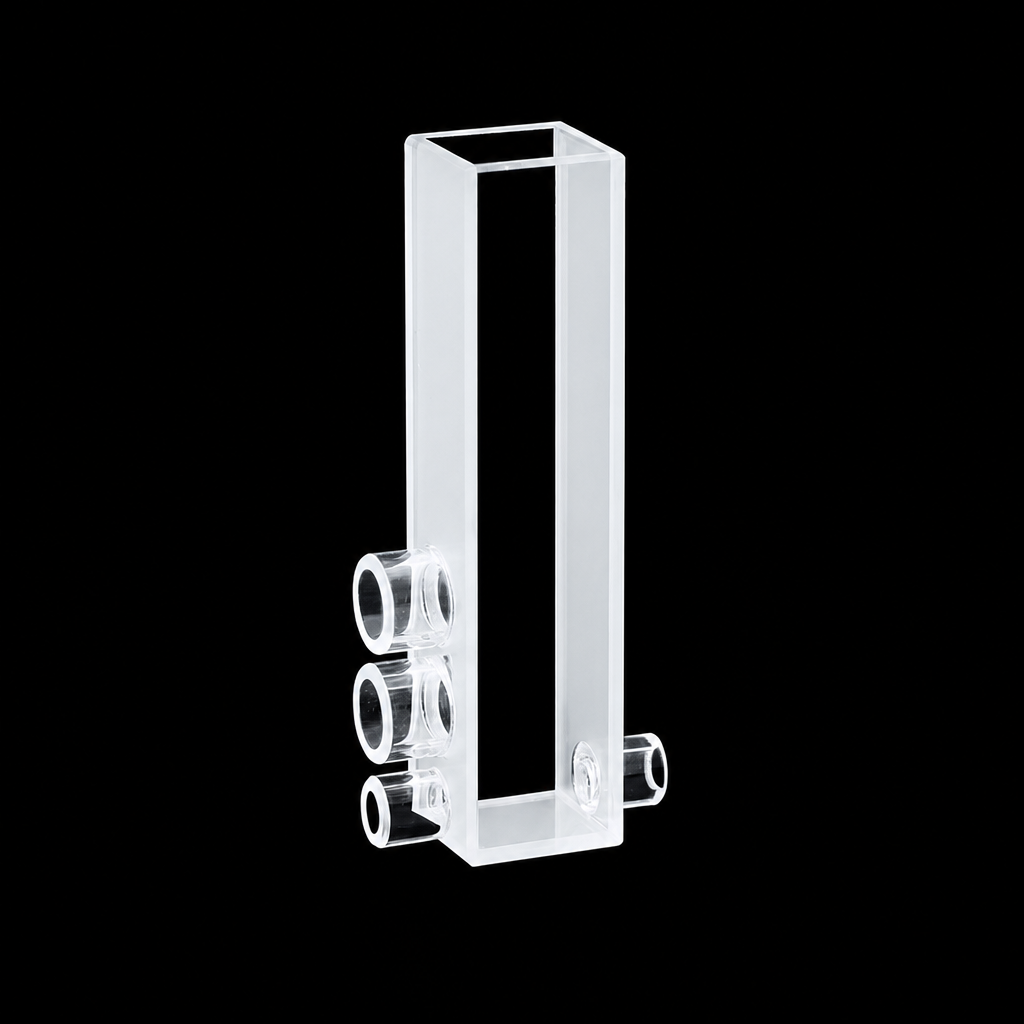 (MQQFC134) Quartz Flow Cell, 10 mm Path Length, 50 mm, 4 mL, 10 × 10 × 49 mm, Custom Size, Two-Sided Light Transmission, Adhesive-Bonded, 1 Piece