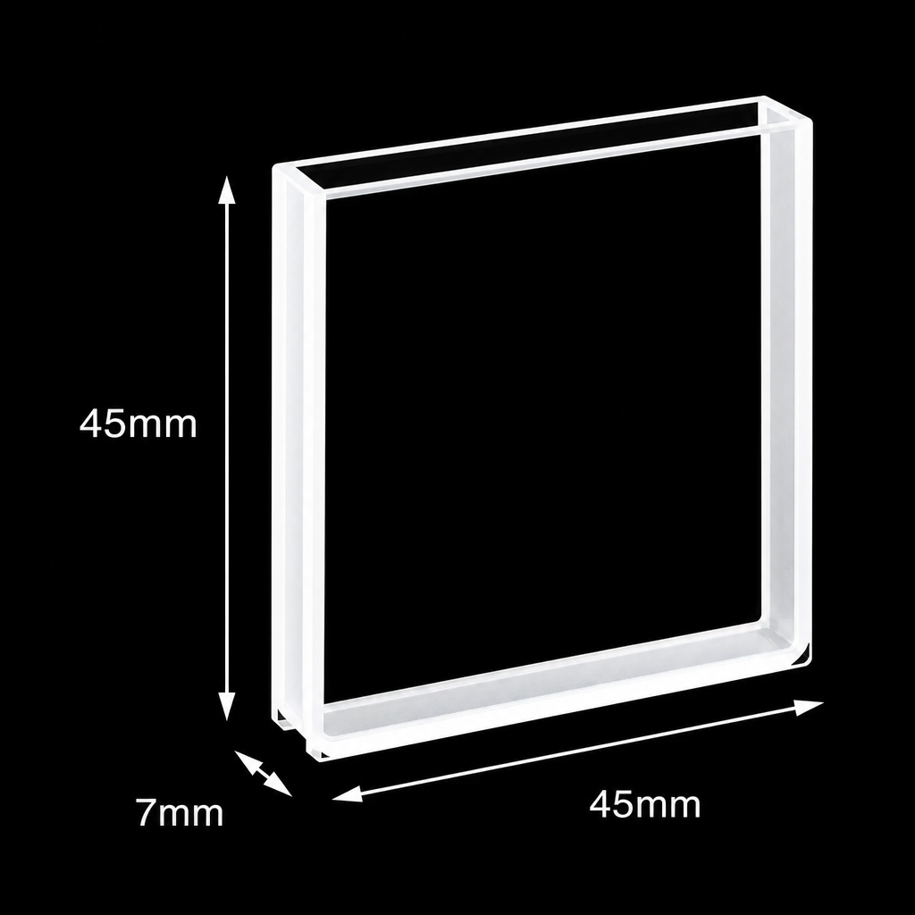 Quartz Large-Window Cuvette, 7 mL, 45 mm, 5 mm, 45 × 45 × 7 mm, Quartz, Two-Way Light, 1 Piece