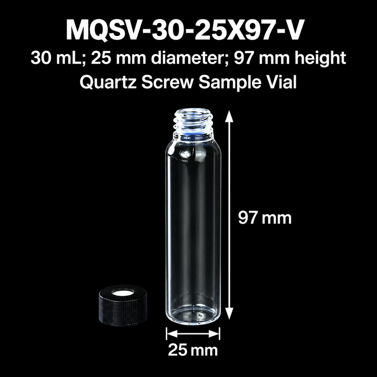 30 mL quartz sample vial with screw cap on a black background