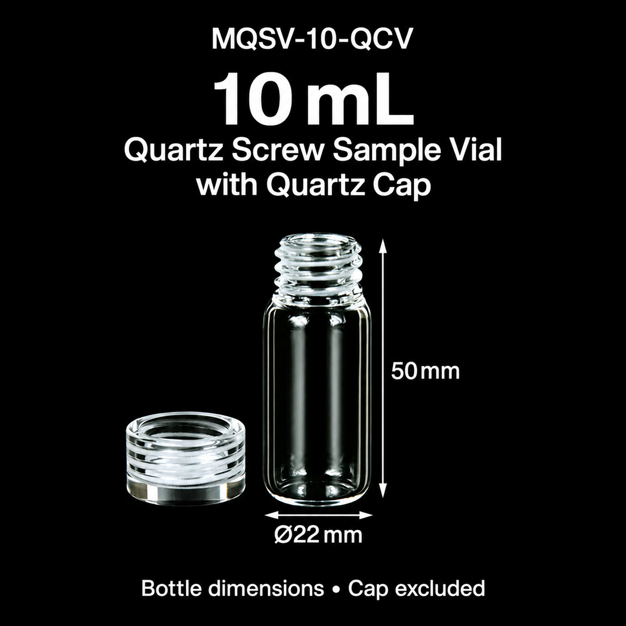 10 mL quartz sample vial with quartz cap on a black background