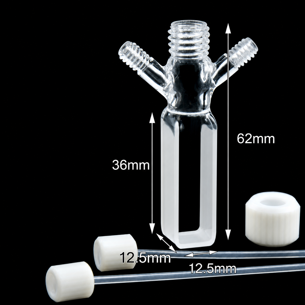 (MQQSC049) Three-Port Quartz Screw-Top Cuvette, 10 mm Path, 3.5 mL, Two-Side Light Transmission, 1 Piece