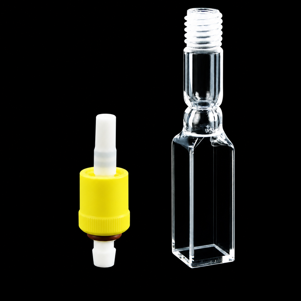 (MQQFL056) Quartz Fluorescence Cuvette, 10 mm Path Length, 10 mm, Threaded, Custom Size, Four-Way Light, Molded 83, Optically Contacted One-Piece Construction, 1 Piece
