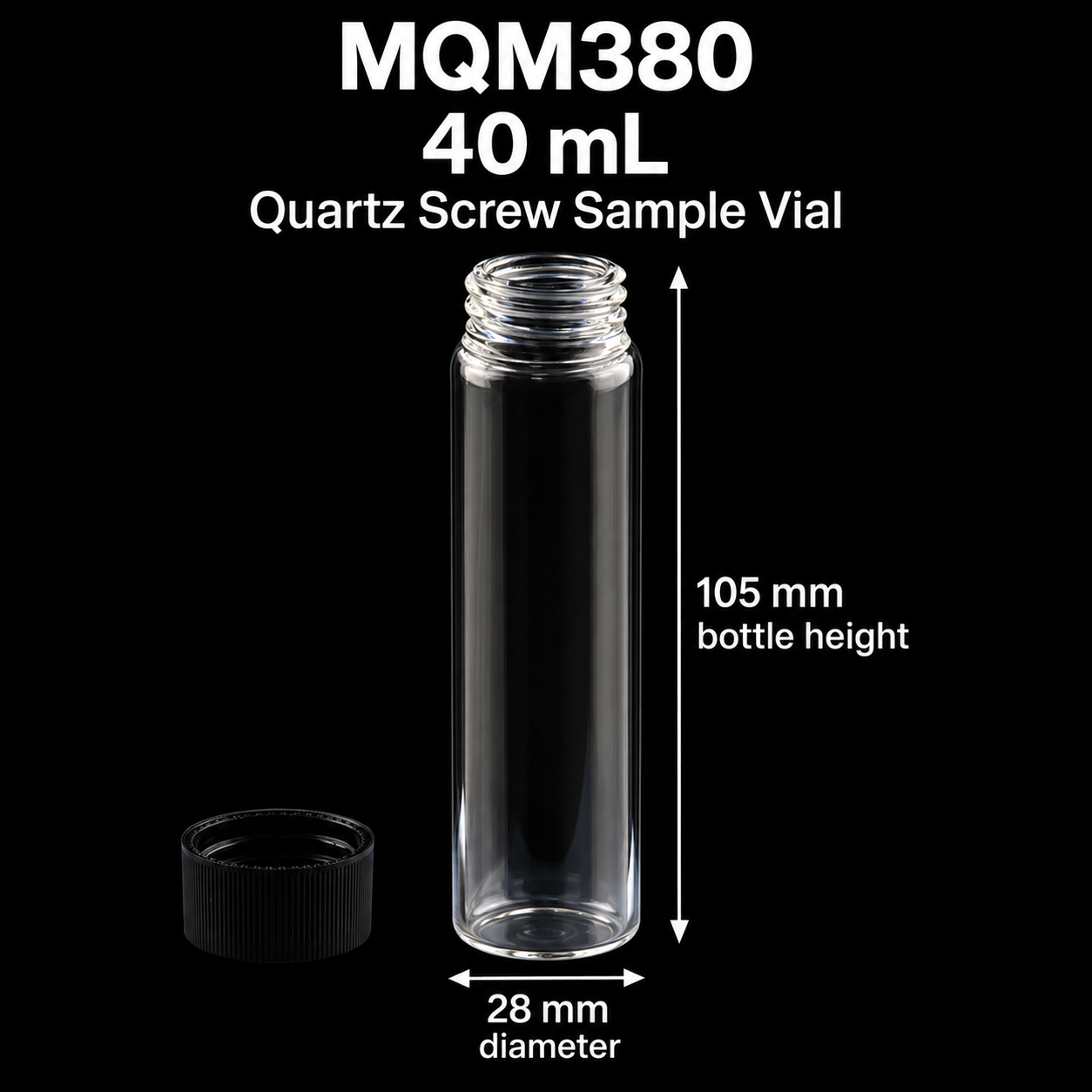 MQM380 40 mL quartz screw sample vial, 28 x 105 mm, with matching cap