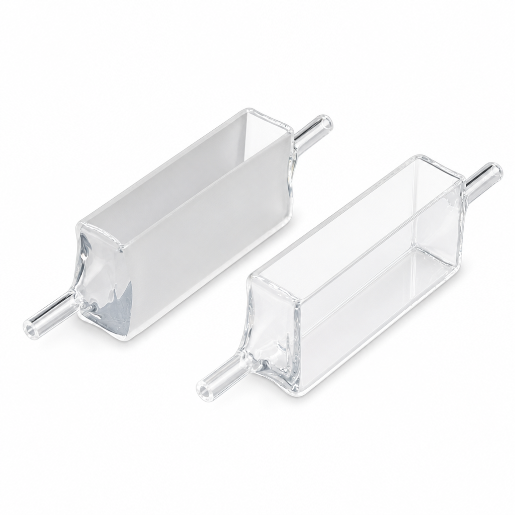 Quartz Flow Cell, 10/20 mm, 10 mL, 4 mm, 2 mm, 86 mm, 50 × 20 × 10 mm, Four-Way Light, Molded 83, Optically Contacted One-Piece Construction, 1 Piece