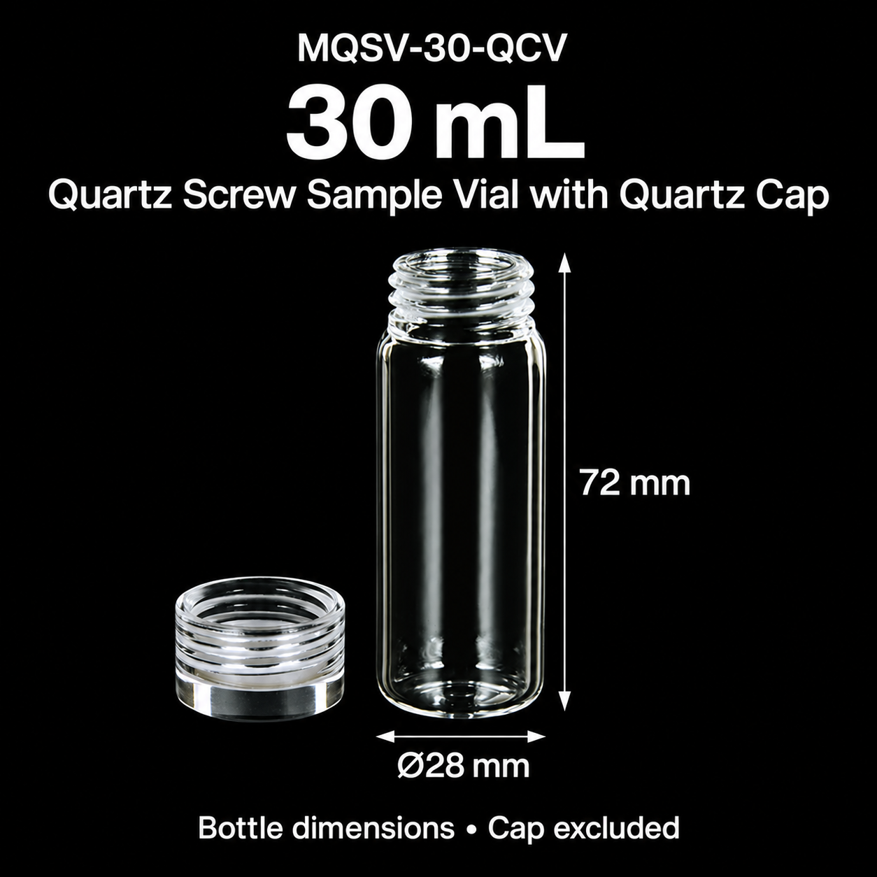 30 mL quartz sample vial with quartz cap on a black background