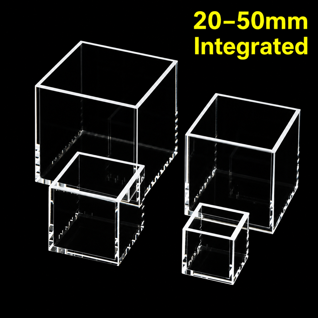 Quartz Square Reaction Cell, 30 mm, 34 × 34 × 32 mm, 30 × 30 × 30 mm, With Lid, Quartz, Five-Way Light, Molded 83, 1 Piece