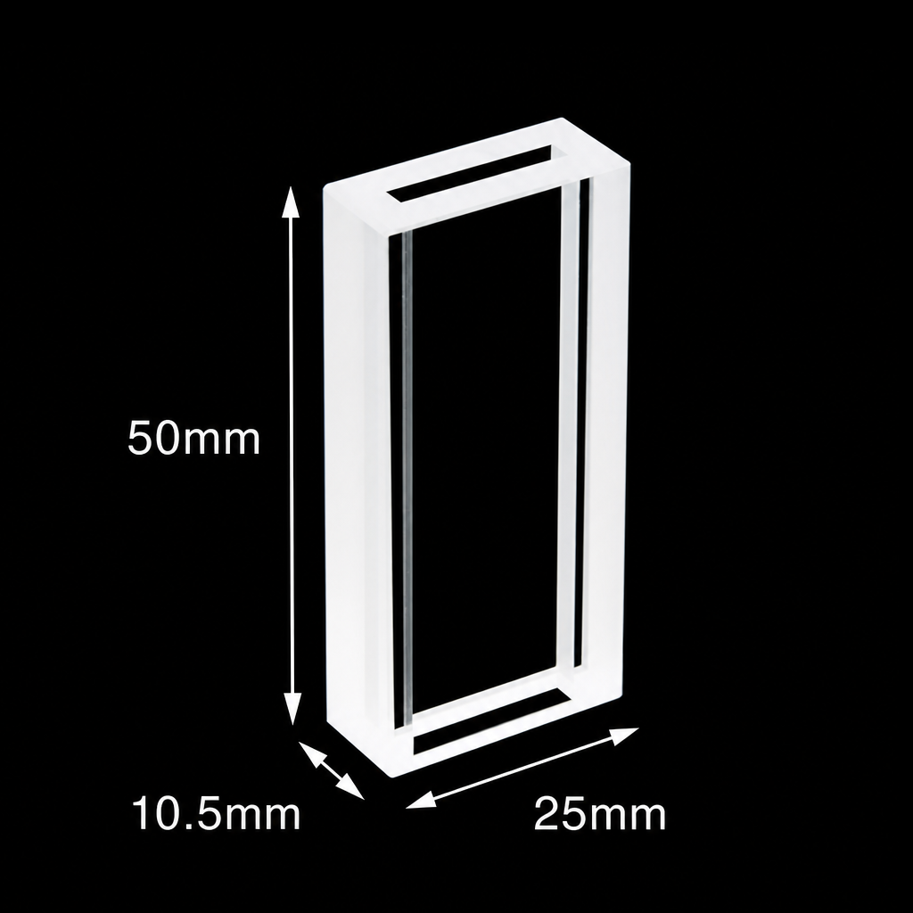 (MQQFC011) Quartz Flow Cell, Capacity: 2 mL, Dimensions: 17 × 2.5 × 50 mm, Base Dimensions: 10.5 × 25 mm, Two-Side Light-Transmitting Design, Adhesive-Bonded Construction, 1 Piece