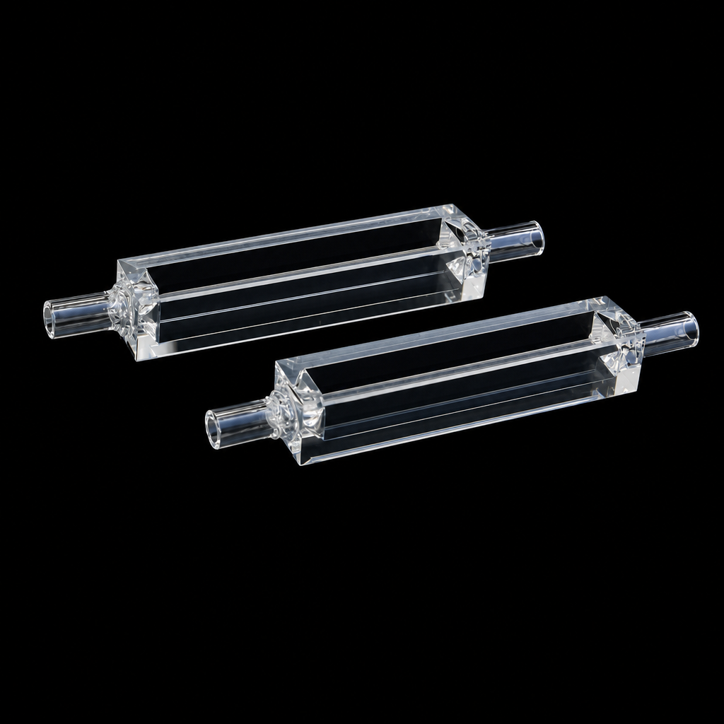 (MQQFL035) Quartz Fluorescence Cuvette, 1.5 mL, 5 mm OD, 3 mm ID, 70 mm Overall Length, 5/8 mm Path Length, 8 × 5 × 43 mm, Four-Way Light, Molded 83, Optically Contacted One-Piece Construction, 1 Piece