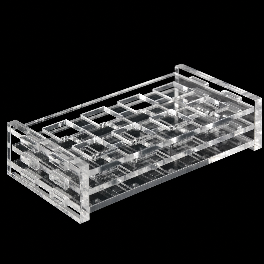 50 mm acrylic cuvette rack, 107 × 64 × 35 mm, holding cuvettes upright, 1 Piece
