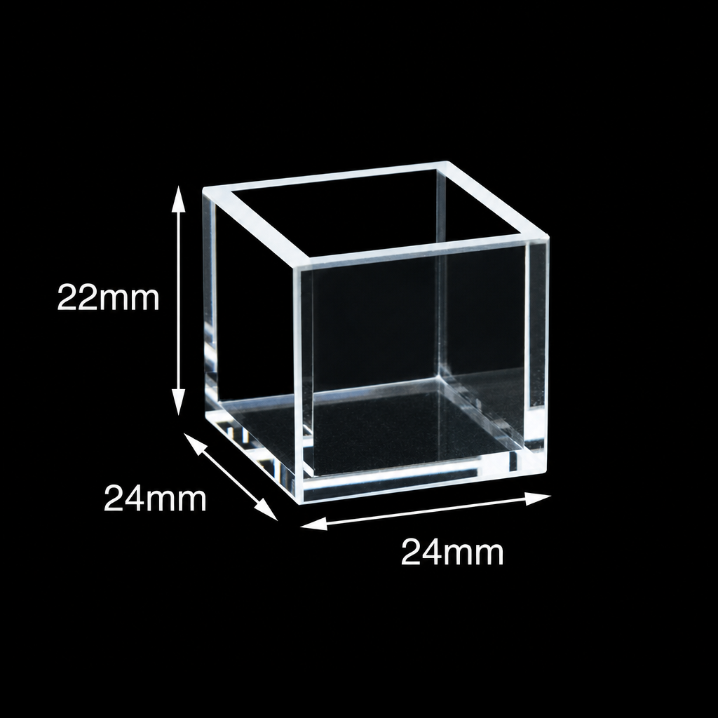 (MQQHC006) Quartz Square Reaction Cell, 24 × 24 × 22 mm, 20 × 20 × 20 mm, No Lid, Five-Way Light, Molded 83, 1 Piece