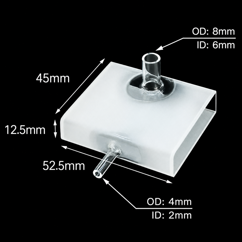 Quartz Flow Cell, 8 mm, 6 mm, 12.5 mm, 50 mm, 17.5 mL, Custom Size, Two-Way Light, 1 Piece