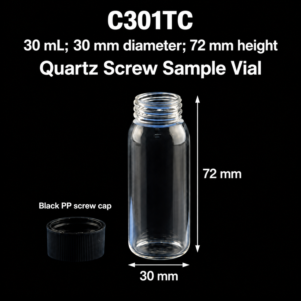 C301TC 30 mL quartz screw-cap bottle, 30 x 72 mm, with black PP cap on a black background