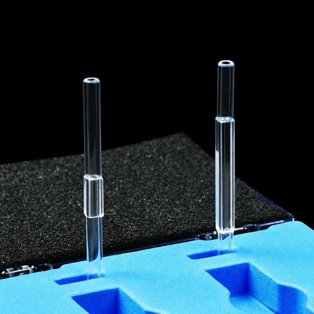 Quartz Fluorescence Cuvette, 2 mm, 4 mm, 2 mm, 60 mm, 40 µL, 2 × 2 mm, Quartz, Custom Size, Four-Way Light, Standard 80, Adhesive-Bonded, 1 Piece
