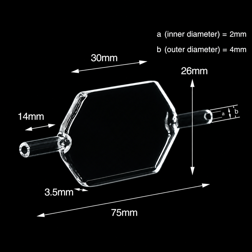 (MQQFC128) Quartz Flow Cell, 0.5 mm Path Length, 30 × 23 × 0.5 mm, 350 µL, Custom Size, JGS1, Two-Way Light, 1 Piece
