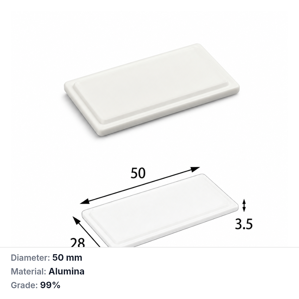 (MQAAC046) Square Alumina Boat Crucible Lid, 50 × 28 × 3.5 mm, Inner-Fitting Lid, 99% Alumina (Al2O3), 1 Piece