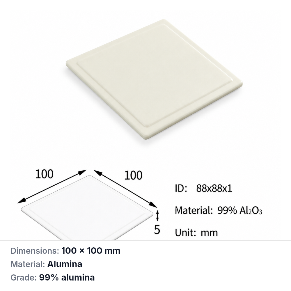 (MQAAC048) Square Alumina Boat Crucible Lid, 100 × 100 mm, Inner-Fitting Lid, 99% Alumina (Al2O3), 1 Piece
