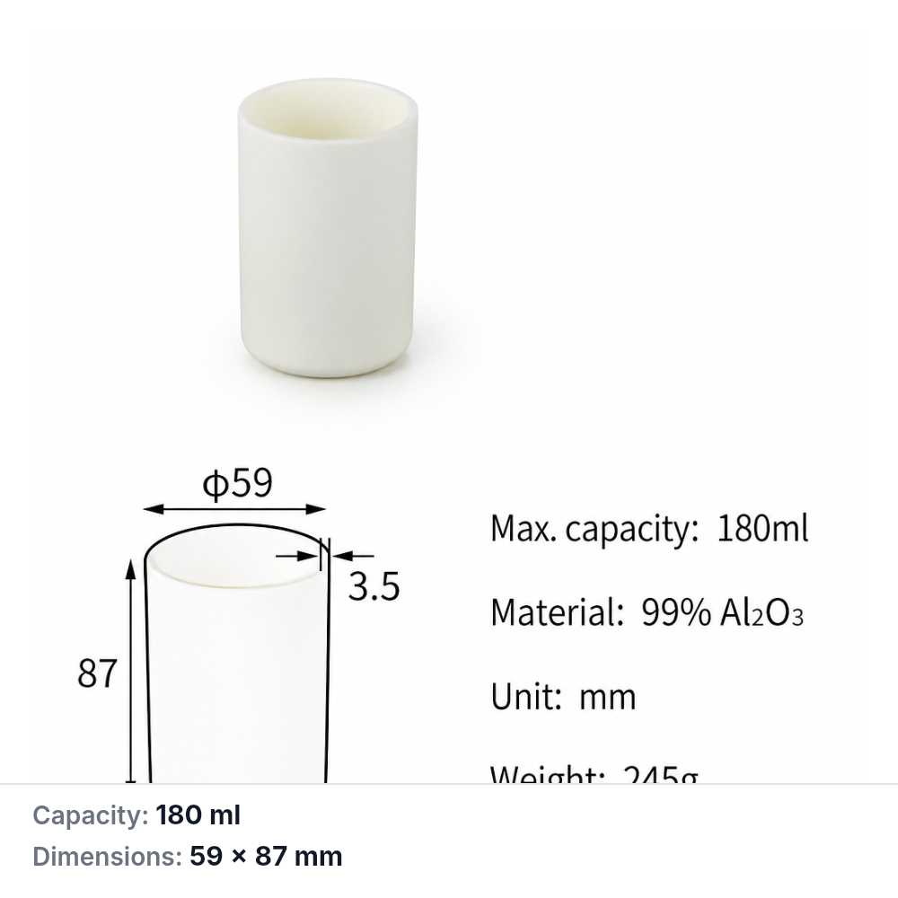 (MQACR397) Alumina Cylindrical Crucible, 59 × 87 mm, 180 mL, 245 g, 1 Piece