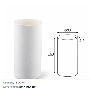 (MQACR411) Alumina Cylindrical Crucible, Ø80 mm OD, 80 × 160 mm, 600 mL, 690 g, 1 Piece
