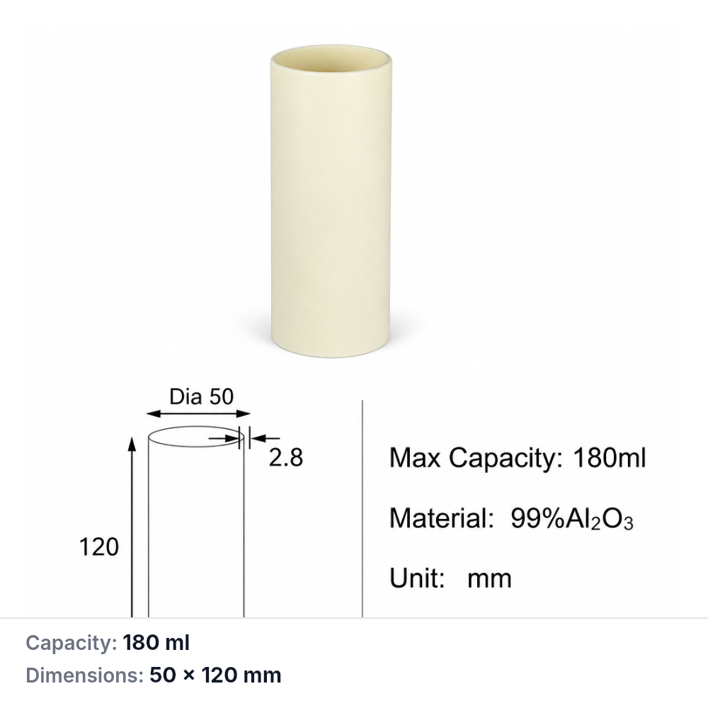 (MQACR428) Alumina Cylindrical Crucible, 50 × 120 mm, 180 mL, 200 g, 1 Piece