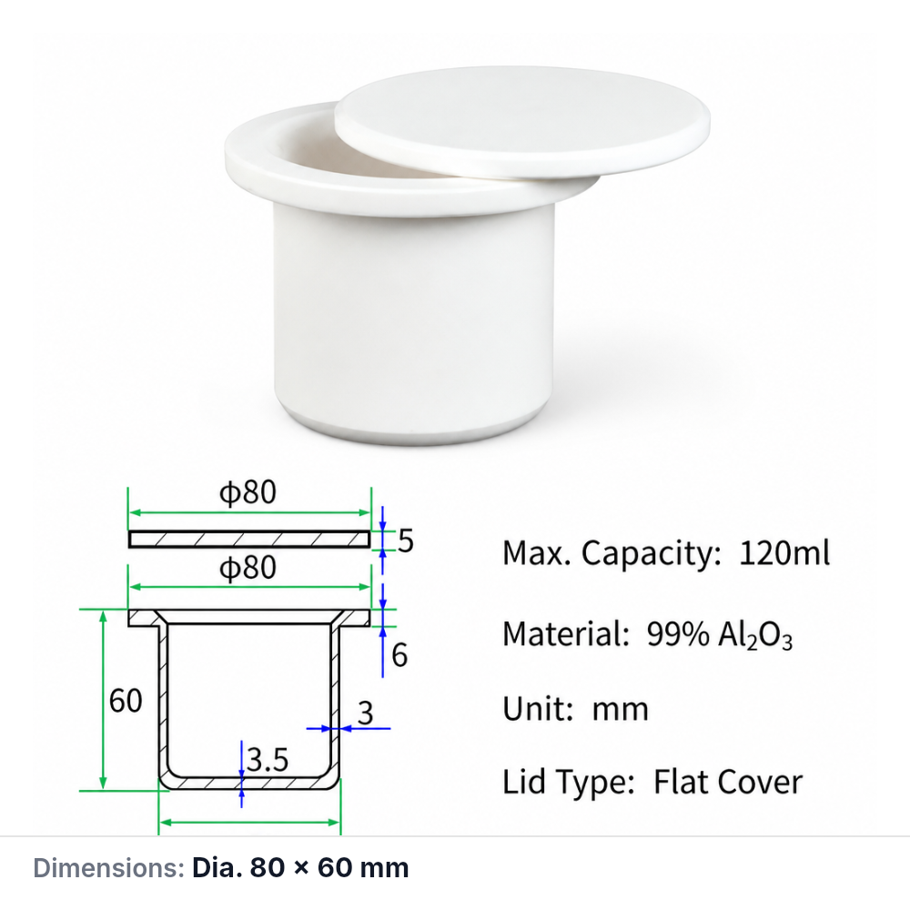 (MQACR671) Alumina Flanged Crucible, 120 mL, Ø80 mm OD, 60 mm, Ø80 × 60 mm, Flat Lid, 99% Alumina (Al2O3), 1 Piece