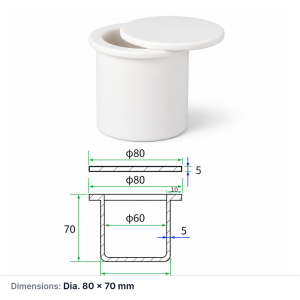 (MQACR672) Alumina Flanged Crucible w, Ø80 × 70 mm, Flat Lid, 99% Alumina (Al2O3), 1 Piece
