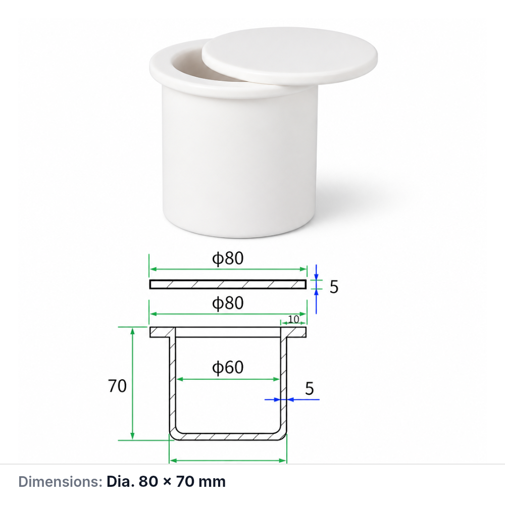 (MQACR672) Alumina Flanged Crucible w, Ø80 × 70 mm, Flat Lid, 99% Alumina (Al2O3), 1 Piece