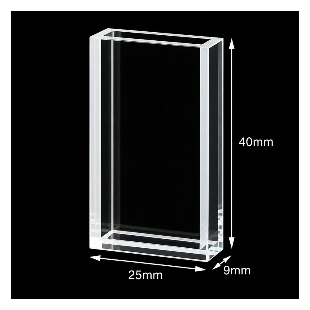 Quartz Cuvette for Contact Lens Inspection, 21/5 mm Dual Path, 40 × 25 × 9 mm, Five-Sided Optical Design | MQQCU010