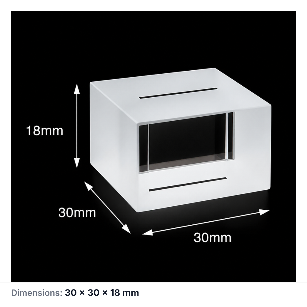 (MQQFC062) Quartz Flow Cell, Capacity: 25 µL, Dimensions: 18 × 1 × 18 mm, Two-Side Light-Transmitting Design