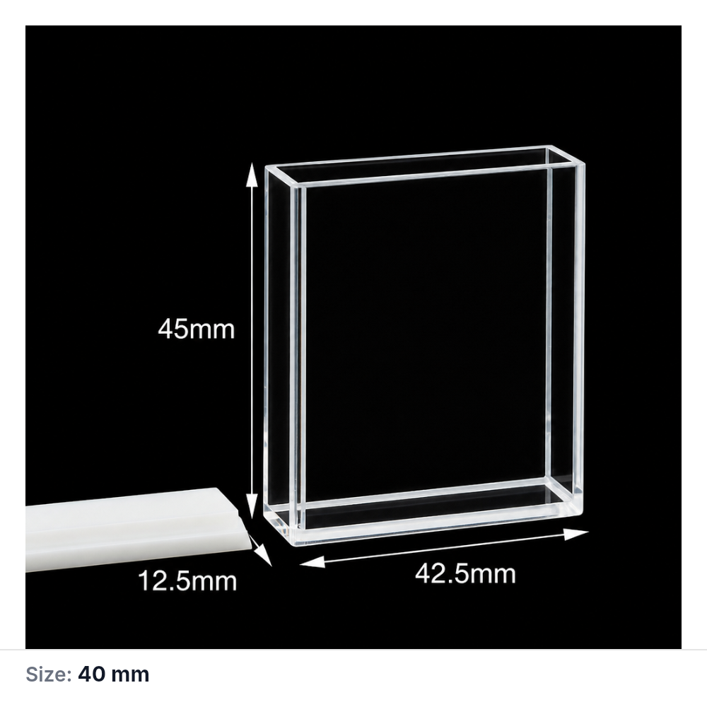 (MQQFL029) Quartz Fluorescence Cuvette, 45 mm, 40 × 10 × 43 mm, Custom Size, Molded 0.01, Optically Contacted One-Piece Construction, 0.01 mm Optical-Path Tolerance, 1 Piece