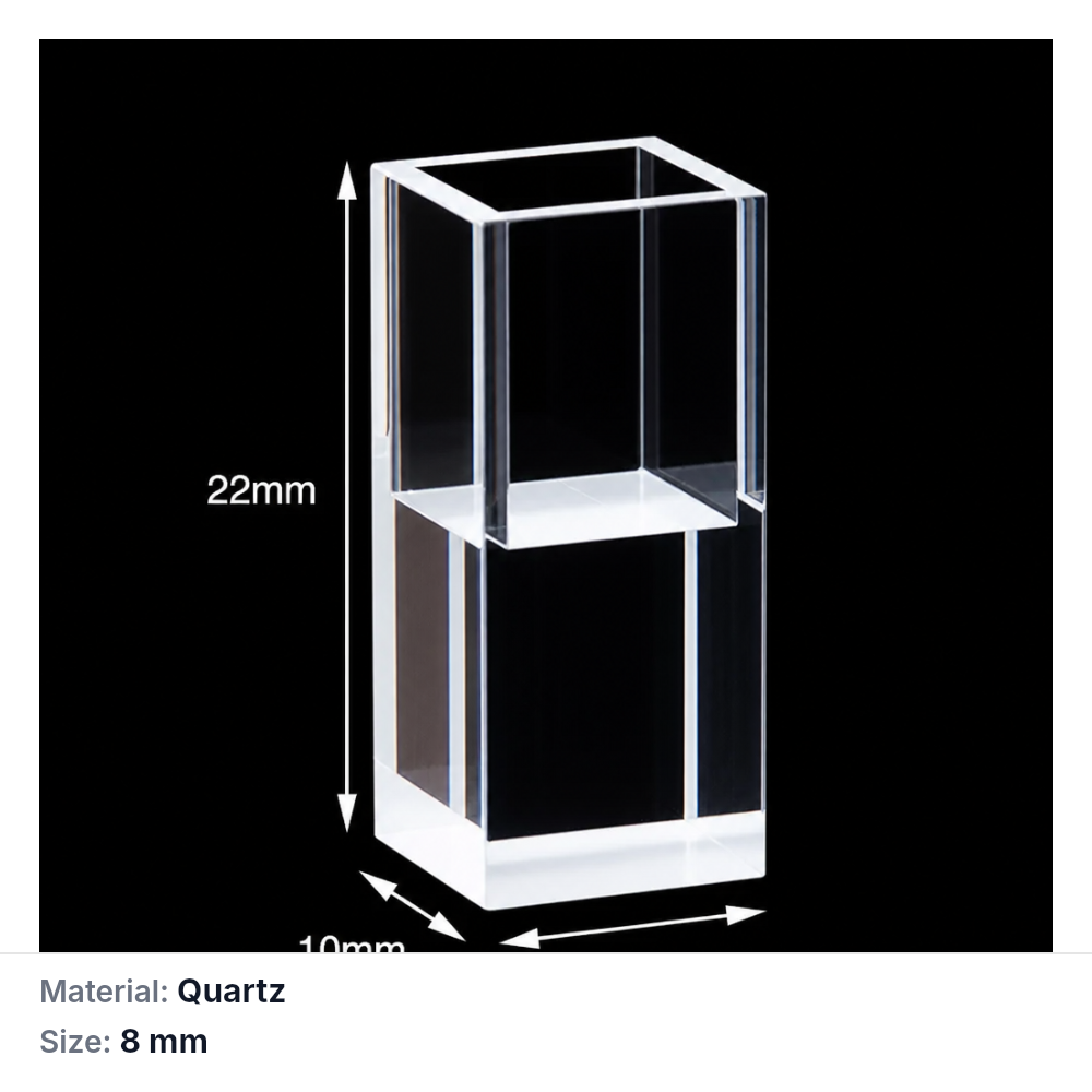 (MQQFL079) Quartz Fluorescence Cuvette, 8 mm Path Length, 22 mm, 8 × 8 × 11 mm, Four-Way Light, Molded 83, Optically Contacted One-Piece Construction, 1 Piece
