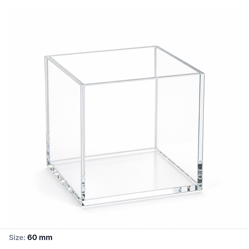 Quartz Square Reaction Cell, 60 mm, 64 × 64 × 60 mm, 60 × 60 × 58 mm, No Lid, Quartz, Five-Way Light, Molded 83, 1 Piece