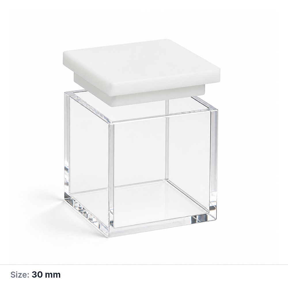 Quartz Square Reaction Cell, 30 mm, 34 × 34 × 32 mm, 30 × 30 × 30 mm, With Lid, Quartz, Five-Way Light, Molded 83, 1 Piece