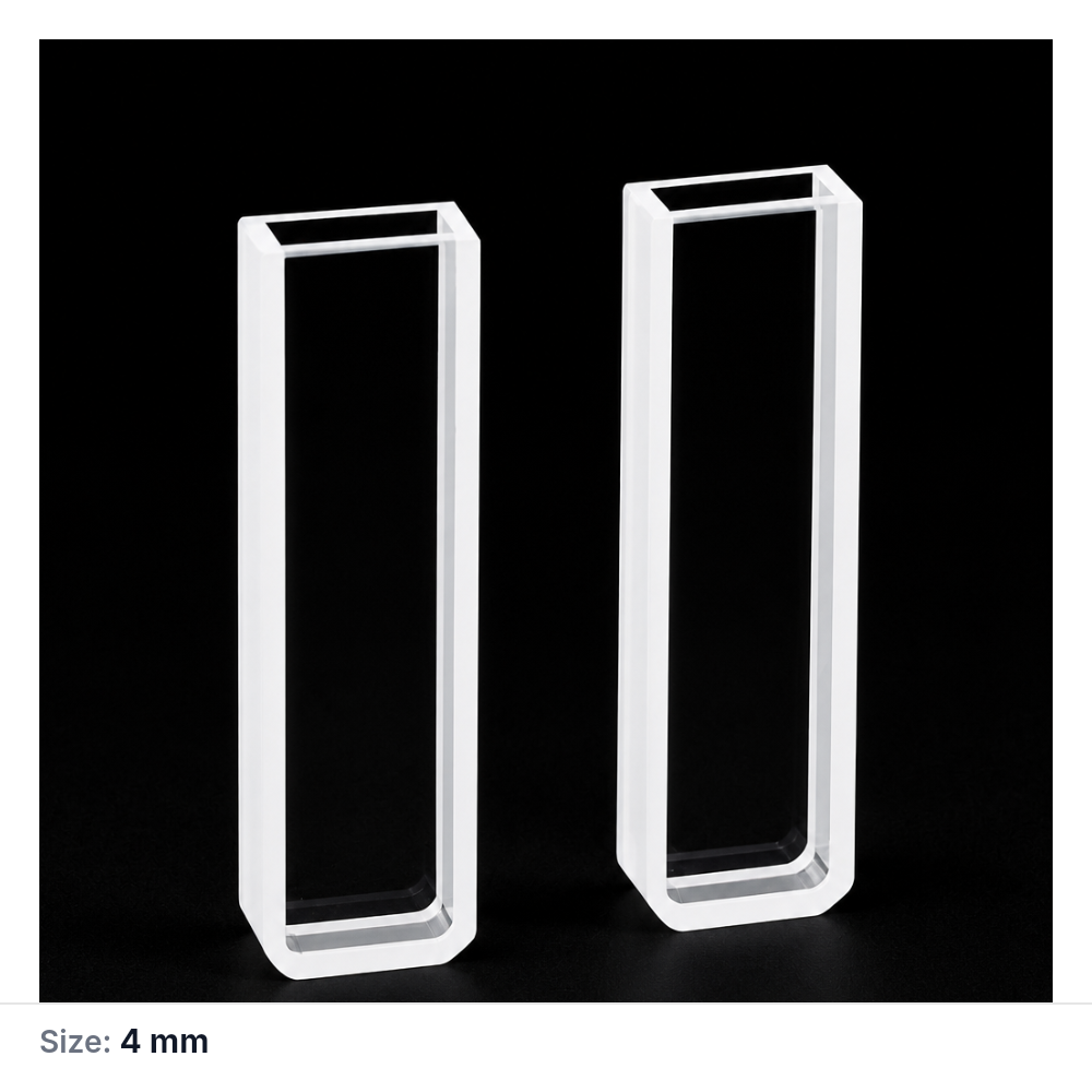 Quartz Standard Cuvette, 4 mm, 12.5 × 12.5 × 45 mm, No Lid, Quartz, 10 mm, Four-Way Light, Pack of 2