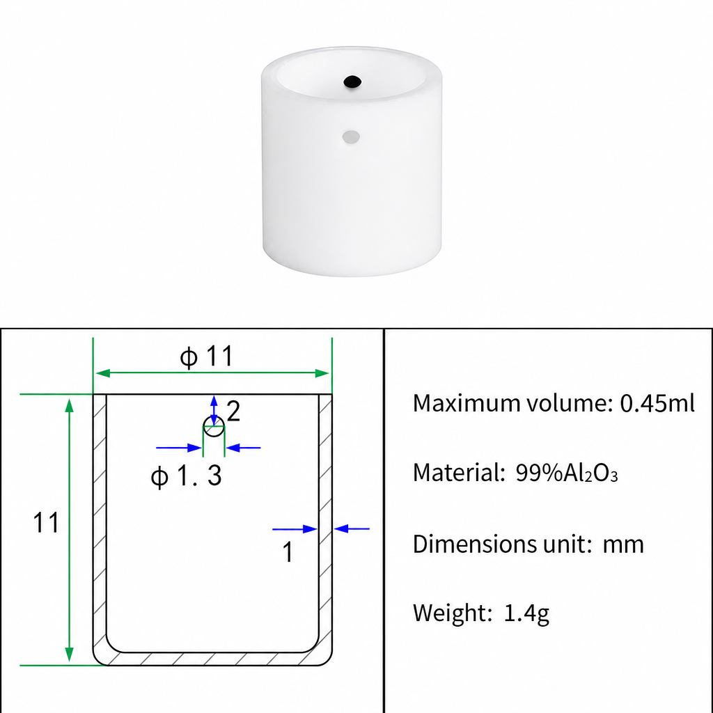 (MQACR617) Alumina Crucible with Upper Side Hole, Ø11 × 11 mm, 0.45 mL