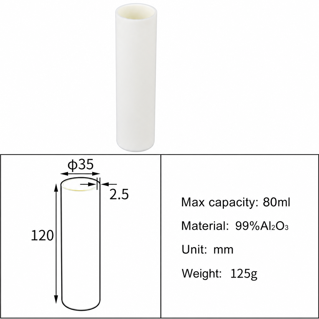 (MQACR367) Cylindrical Alumina Crucible, Ø35 × 120 mm, 80 mL