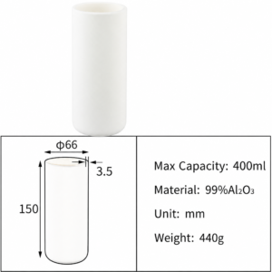 (MQACR431) Cylindrical Alumina Crucible, Ø66 × 150 mm, 400 mL