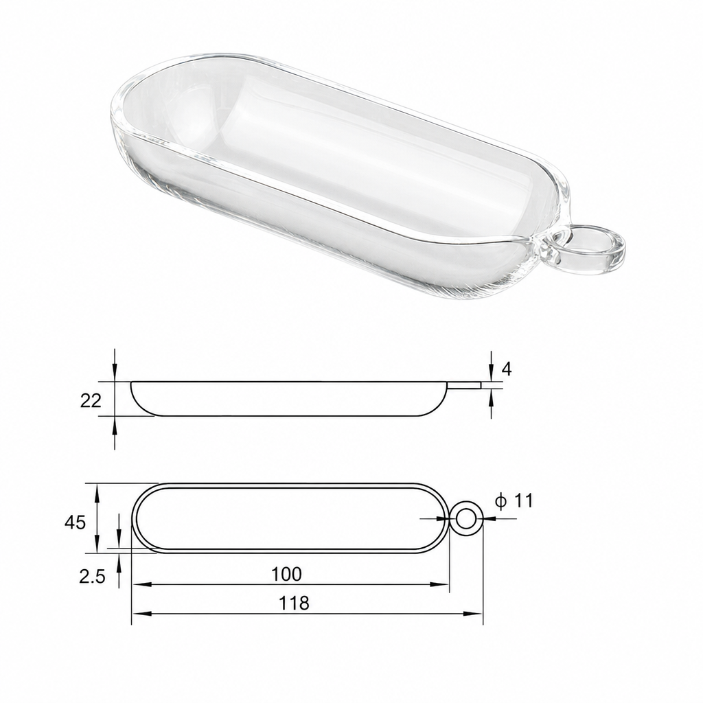 (MQQBO015) Quartz Boat, 100 × 45 × 22 mm, 45 mL, 1 Piece