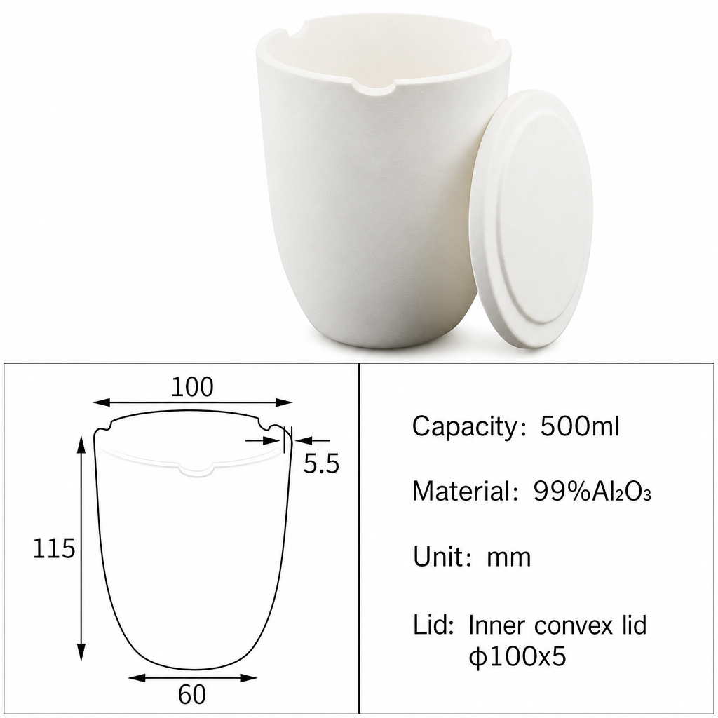 (MQACR061) Alumina Crucible with Rim Openings and Lid, 500 mL