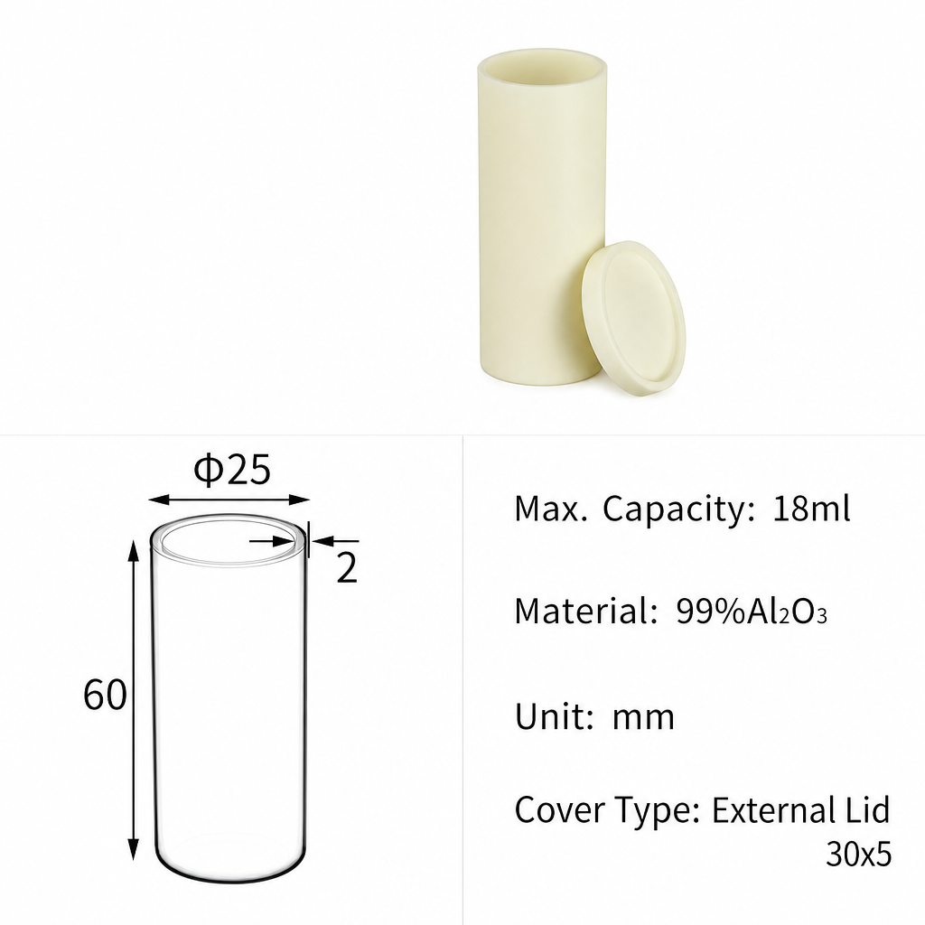 (MQACR324) Cylindrical Alumina Crucible with Lid, Ø25 × 60 mm, 18 mL