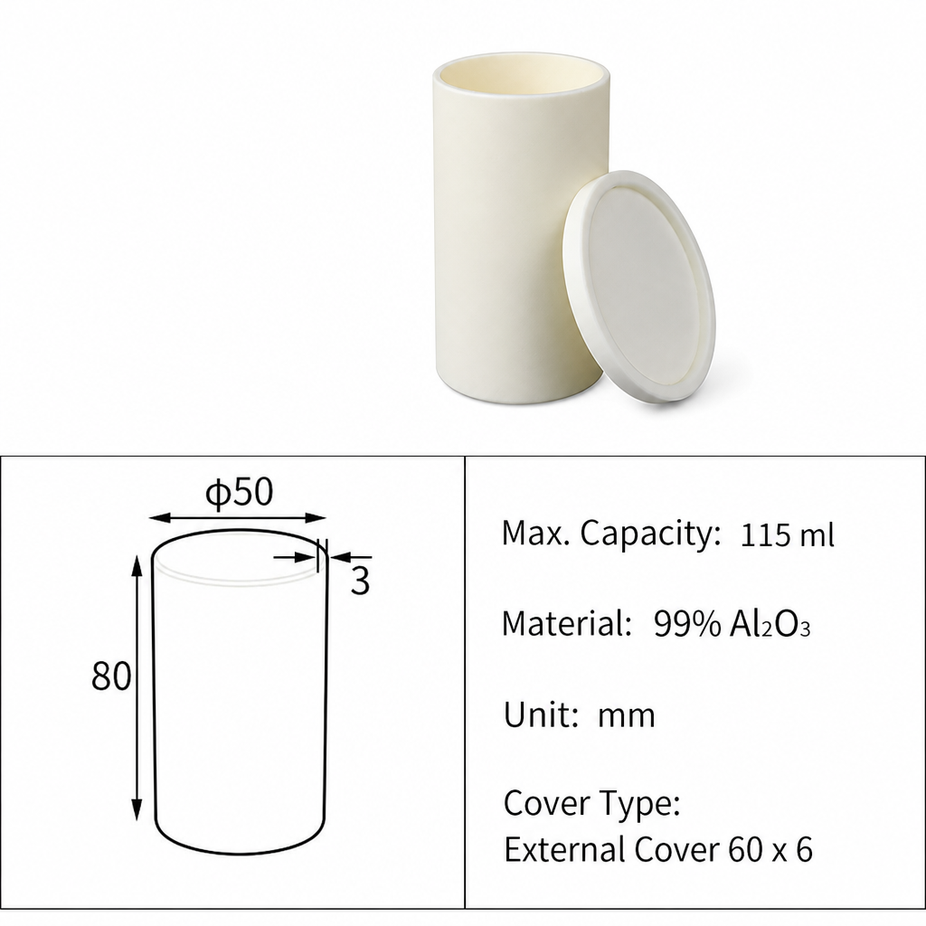 (MQACR355) Cylindrical Alumina Crucible with Lid, Ø50 × 80 mm, 115 mL